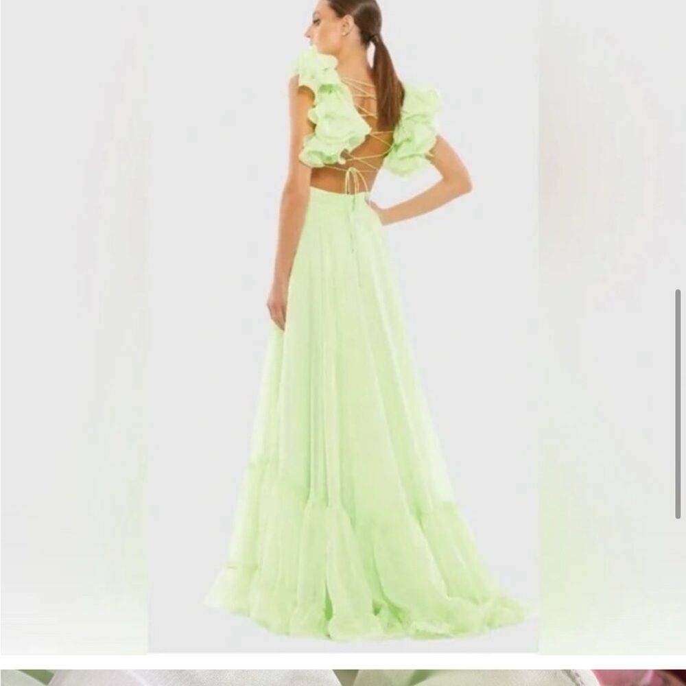 💞 NWT-MAC DUGGAL Mint Green Ruffle Tiered Cut-Out Chiffon Gown 67911 Sz 6 - Picture 10 of 12